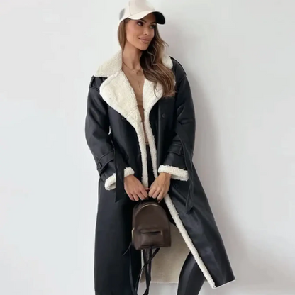 Trench-coat de luxe long doublé en peau lainée d'agneau Hiver