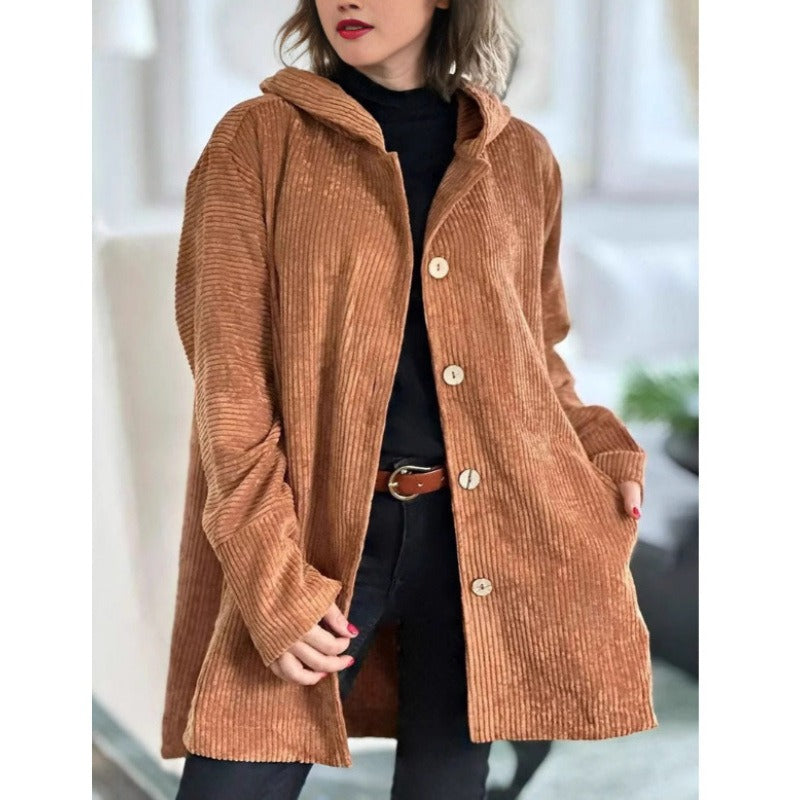 Robe classique en velours côtelé Décontracté Capuche Boutons Longueur genou