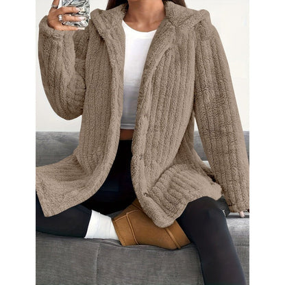 Veste oversize en teddy douce à capuche et fermeture boutonnée
