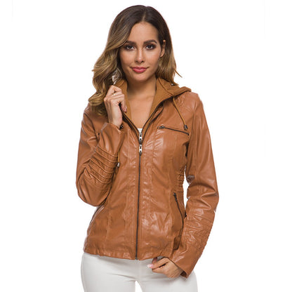 Blouson en cuir coupe slim, capuche, fermeture éclair