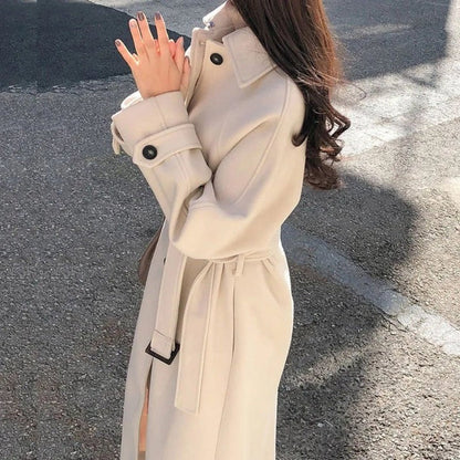 Trench-coat élégant en laine mélangée pour femme, décontracté, double boutonnage, long