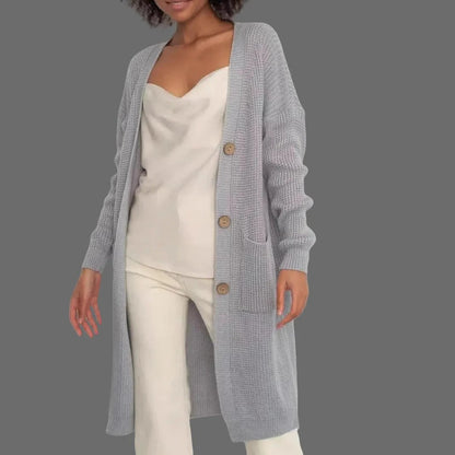 Long cardigan femme coupe ample douce avec boutons et poches