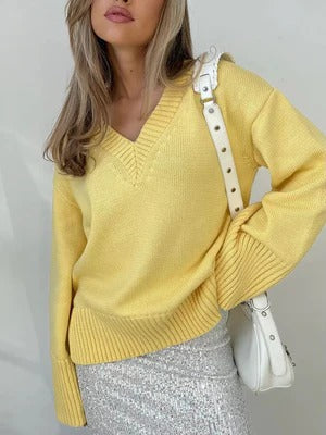 Robe femme col en V coton doux maille côtelée