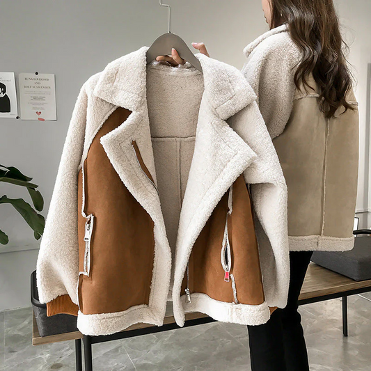 Oversized Schaffell-Jacke Weich Reverskragen - IdealeKleiden