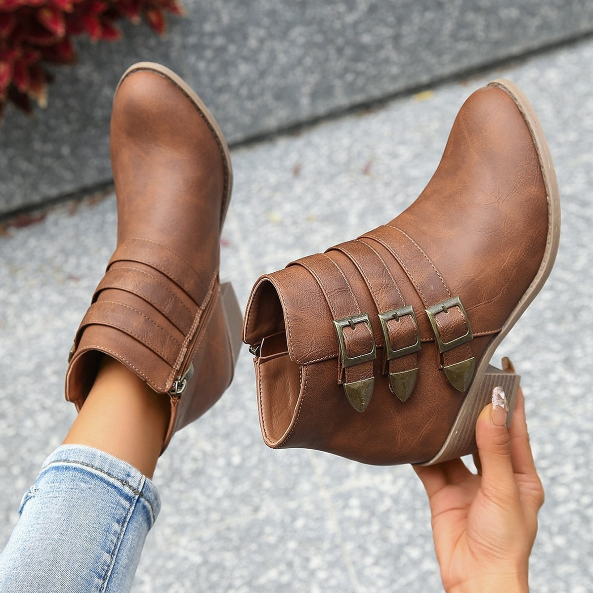 Stylische Stiefeletten High Heel Blockabsatz Vintage Look - IdealeKleiden