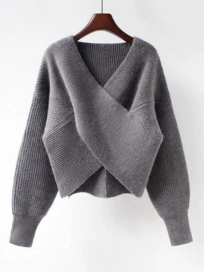 Sweat-shirt grande taille tricoté col V manches frisées