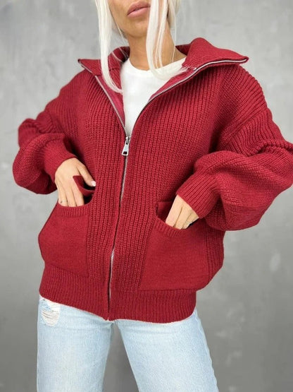 Cardigan Coupe décontractée Motif côtelé Fermeture éclair
