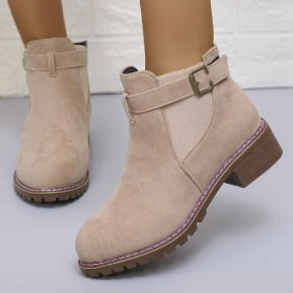 Stiefeletten Wildleder Optik Schnalle Elastisch Rutschfest - IdealeKleiden