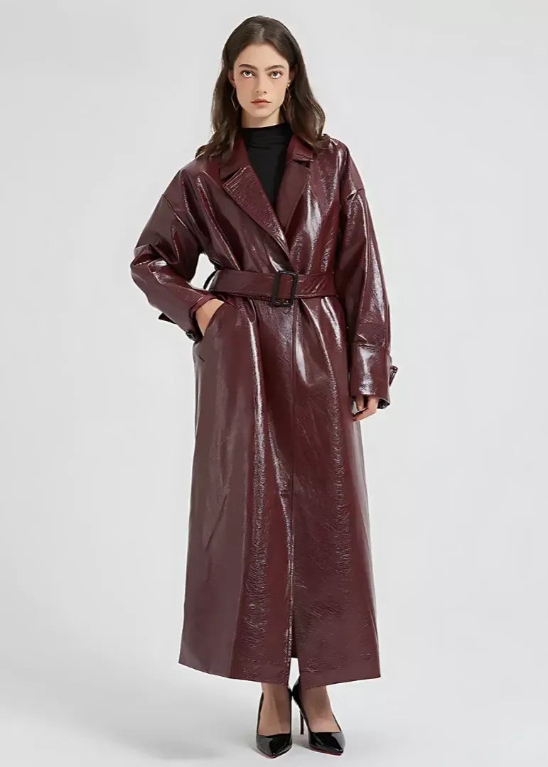 Moderne Trenchcoat Damen Slim Fit Leder Optik Knöchellang - IdealeKleiden