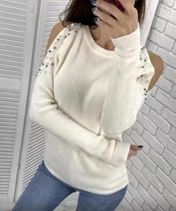 Robe élégante pour femme en mélange de laine, coupe cintrée, épaules dénudées avec perles