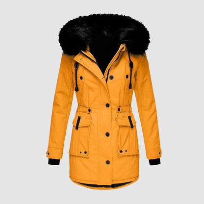 Veste longue femme cintrée à capuche en fausse fourrure avec ceinture
