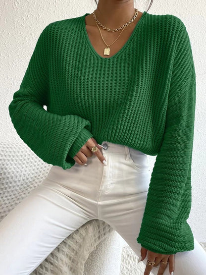Vêtements féminins élégants | Blouse confortable en maille côtelée à col en V et manches longues
