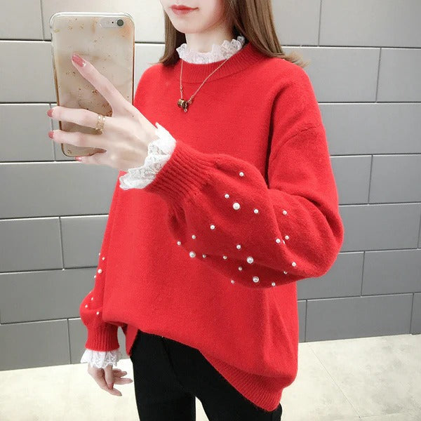 Robe pull en maille mélangée Coupe décontractée Détails perles