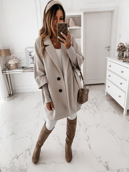 Manteau oversize en laine, manches trois quarts, fermeture boutonnée