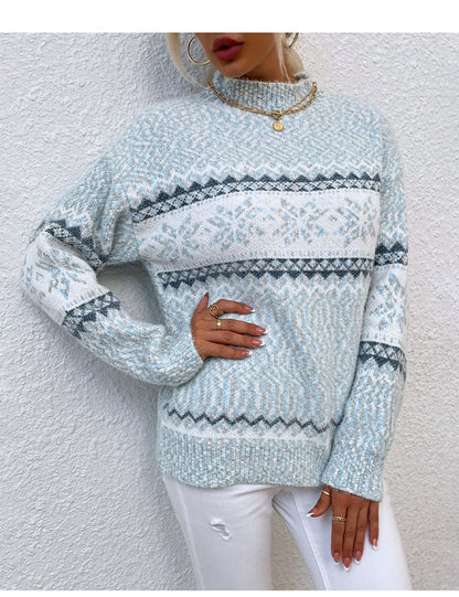 Pull en laine doux motif flocon de neige décontracté col montant