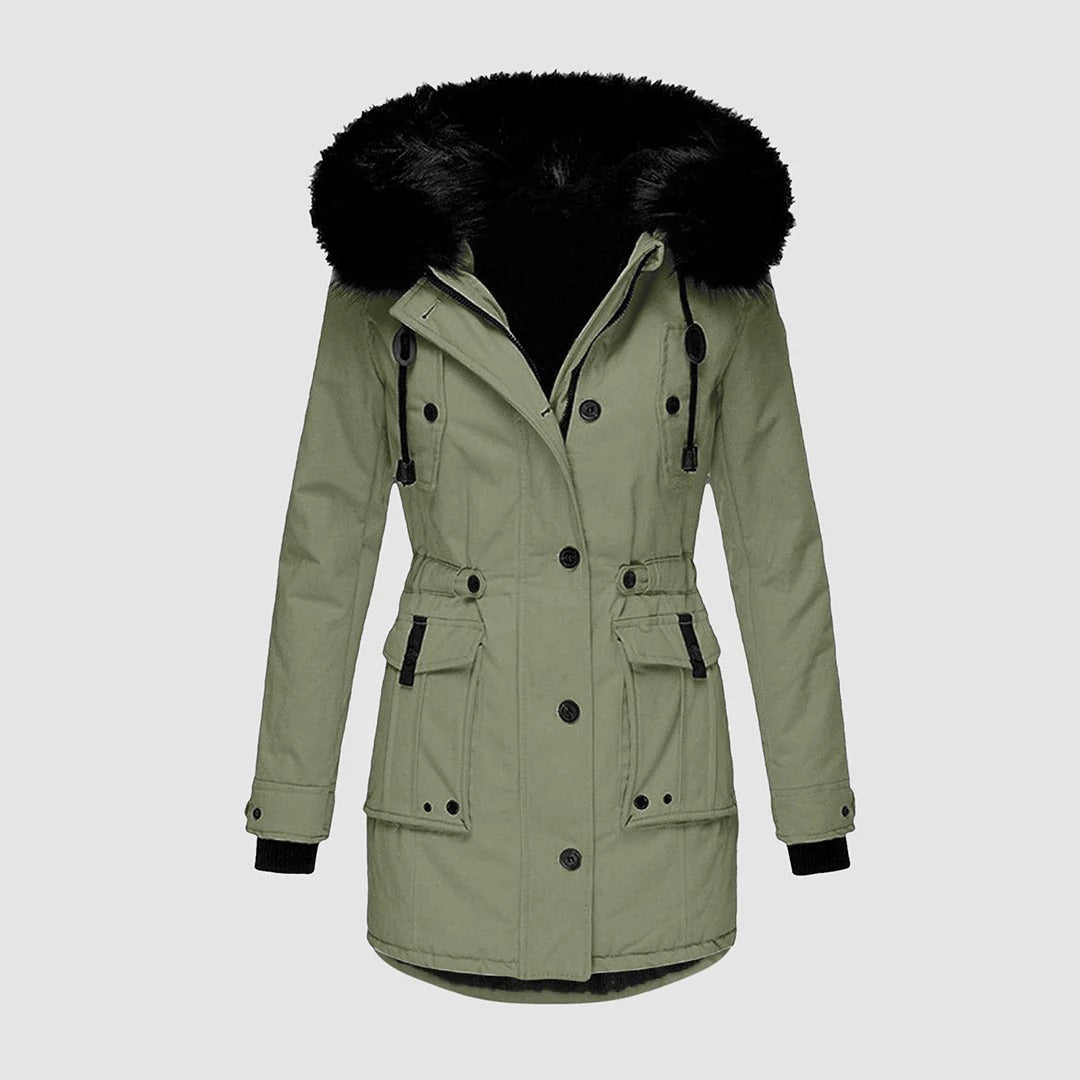 Veste longue femme cintrée à capuche en fausse fourrure avec ceinture