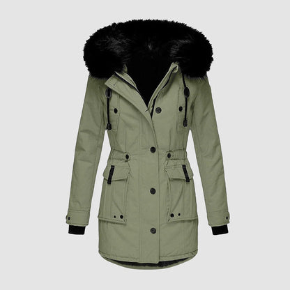 Veste longue femme cintrée à capuche en fausse fourrure avec ceinture
