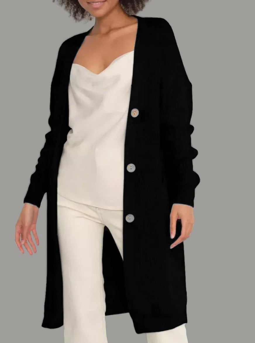 Long cardigan femme coupe ample douce avec boutons et poches