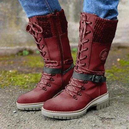 Bottes mi-mollet femme à lacets et bord en laine