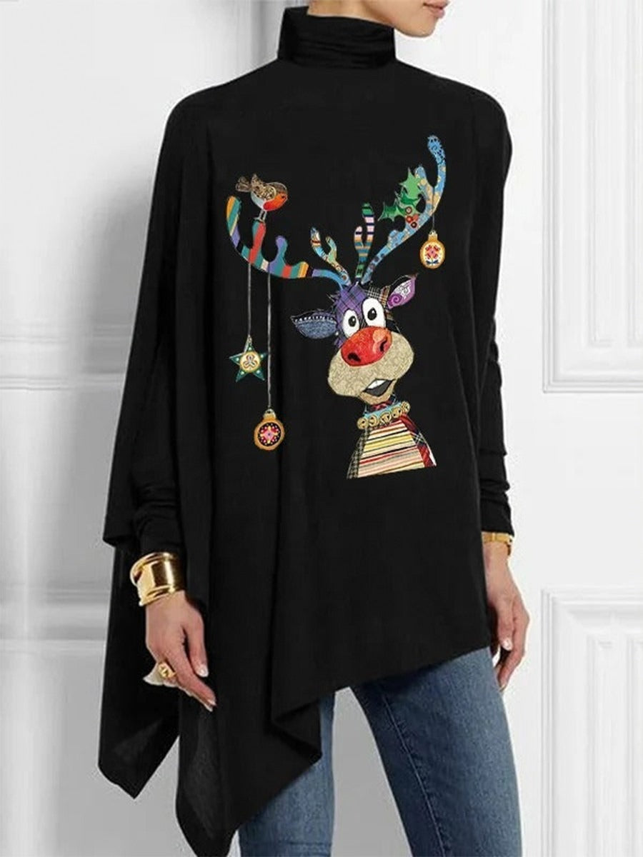 Weihnachtliches Rollkragen-Shirt Lockere Passform Rentier-Print - IdealeKleiden