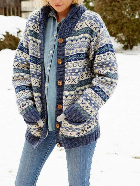 Wollstrickjacke Lässig Fair Isle Muster - IdealeKleiden