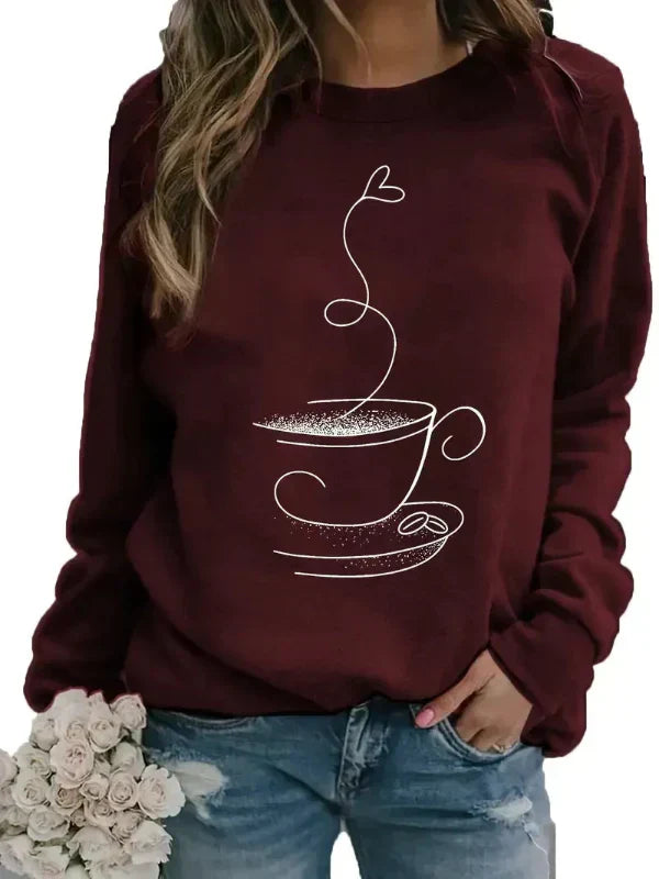 Sweat-shirt café femme Col rond Motif tasse de café
