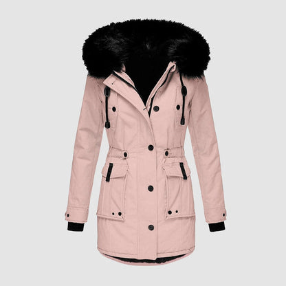 Veste longue femme cintrée à capuche en fausse fourrure avec ceinture