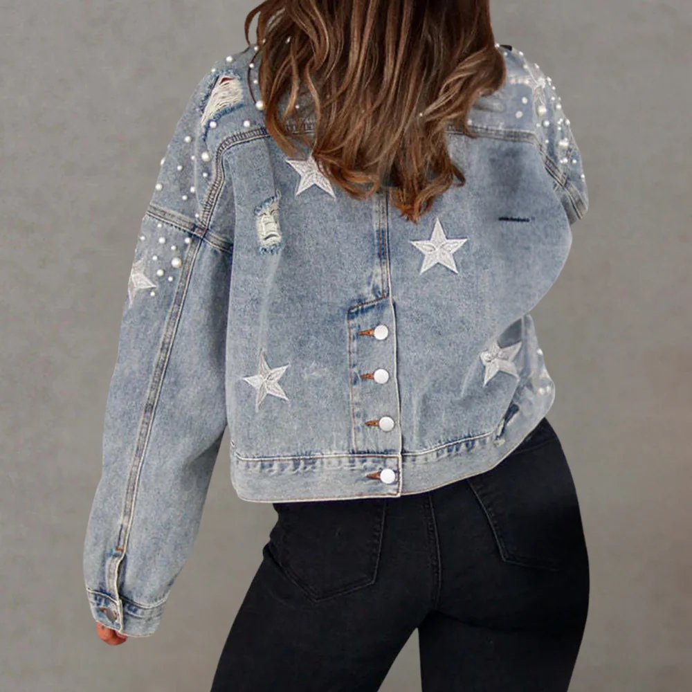 Übergröße Denimjacke Kurz Used Look Nieten - IdealeKleiden