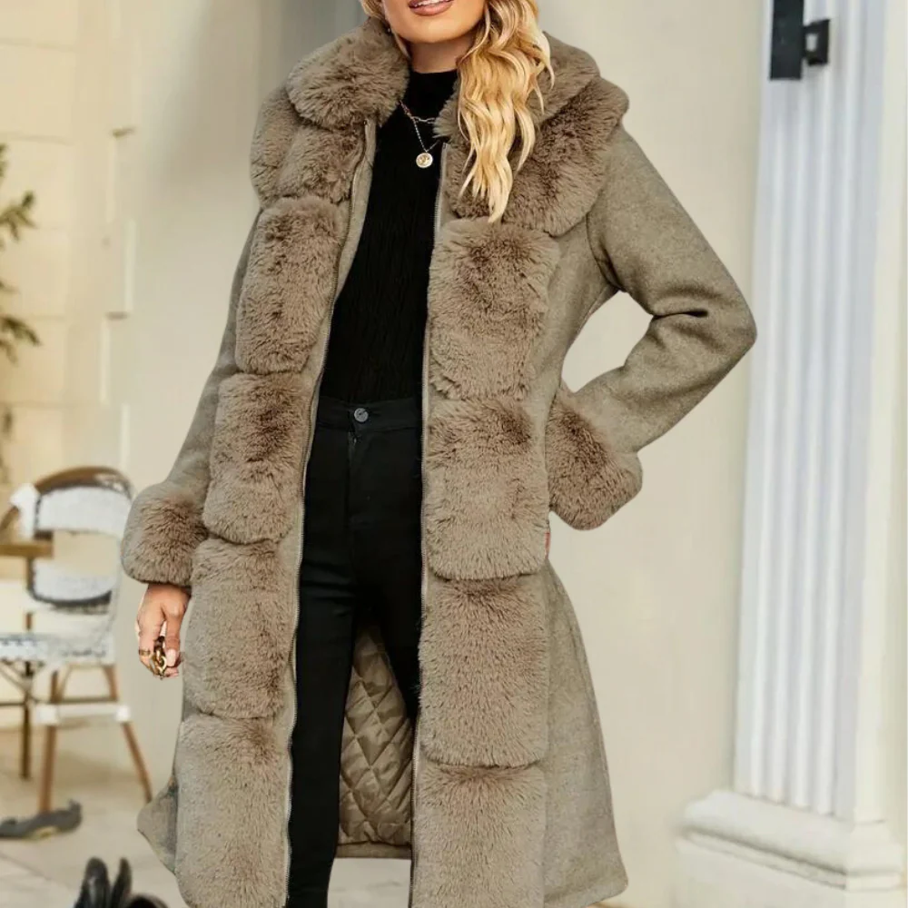 Trench-coat femme en laine mélangée coupe ample fausse fourrure