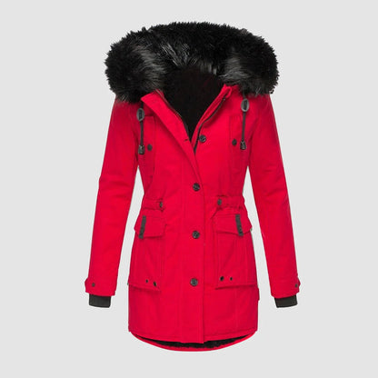 Veste longue femme cintrée à capuche en fausse fourrure avec ceinture