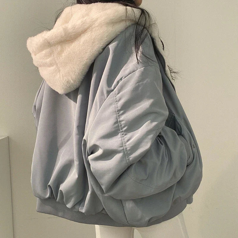 Übergroße Winterjacke Plüschfutter Kapuze - IdealeKleiden