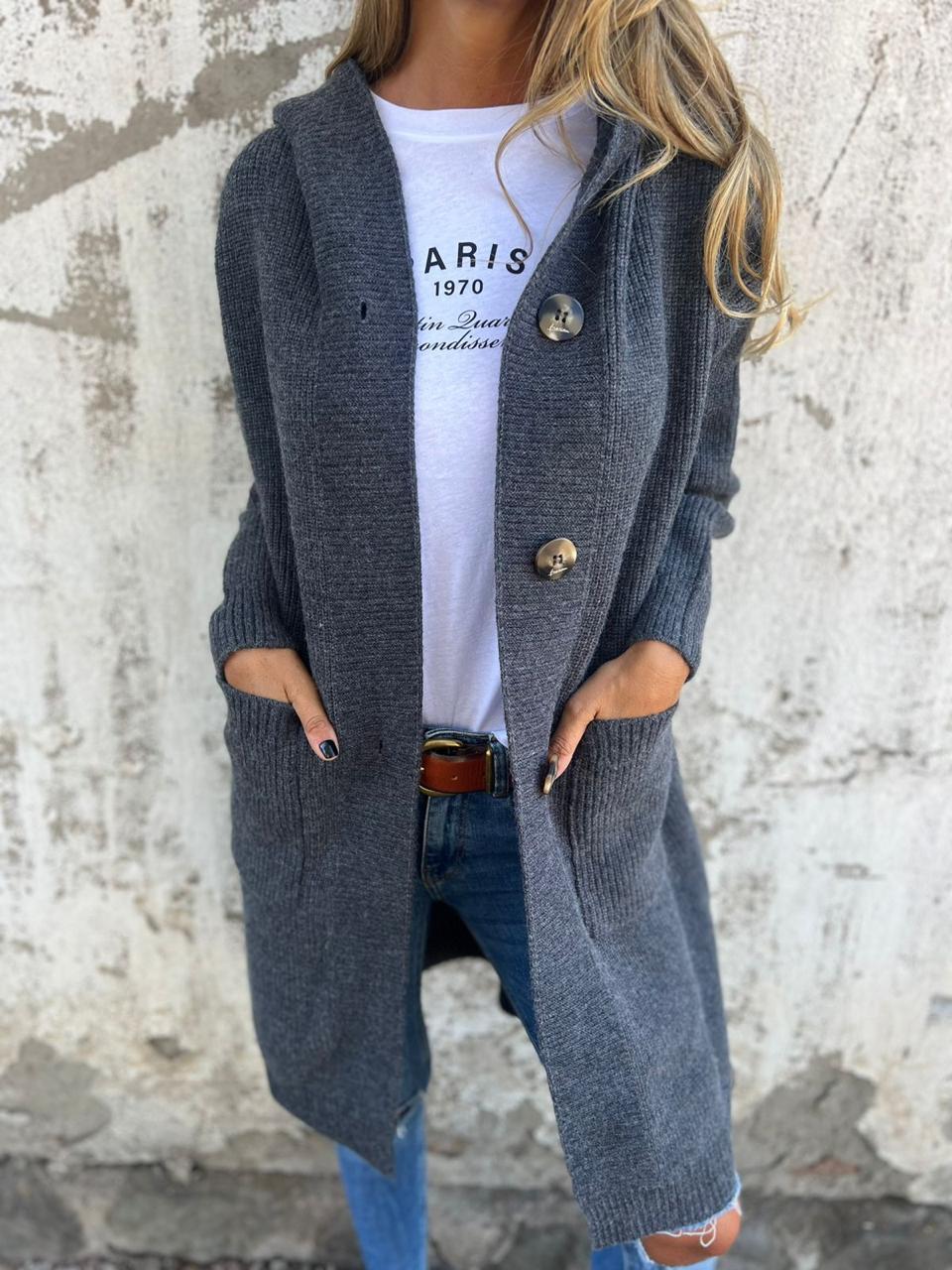 Cardigan long ouvert avec boutons et poches