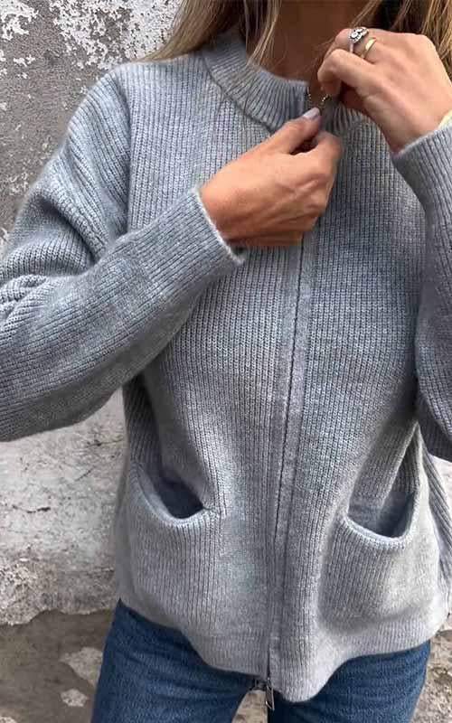 Modische Strickjacke Baumwolle Reißverschluss - IdealeKleiden