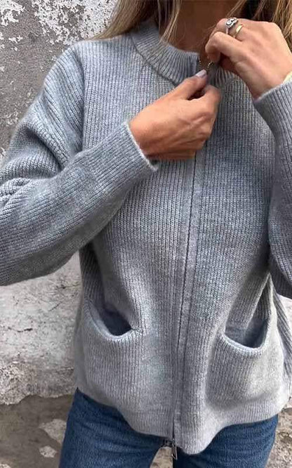 Modische Strickjacke Baumwolle Reißverschluss - IdealeKleiden