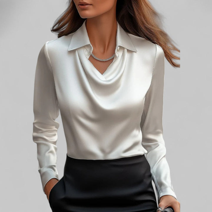 Elegante Damenbluse mit Wasserfallausschnitt Satin Optik - IdealeKleiden