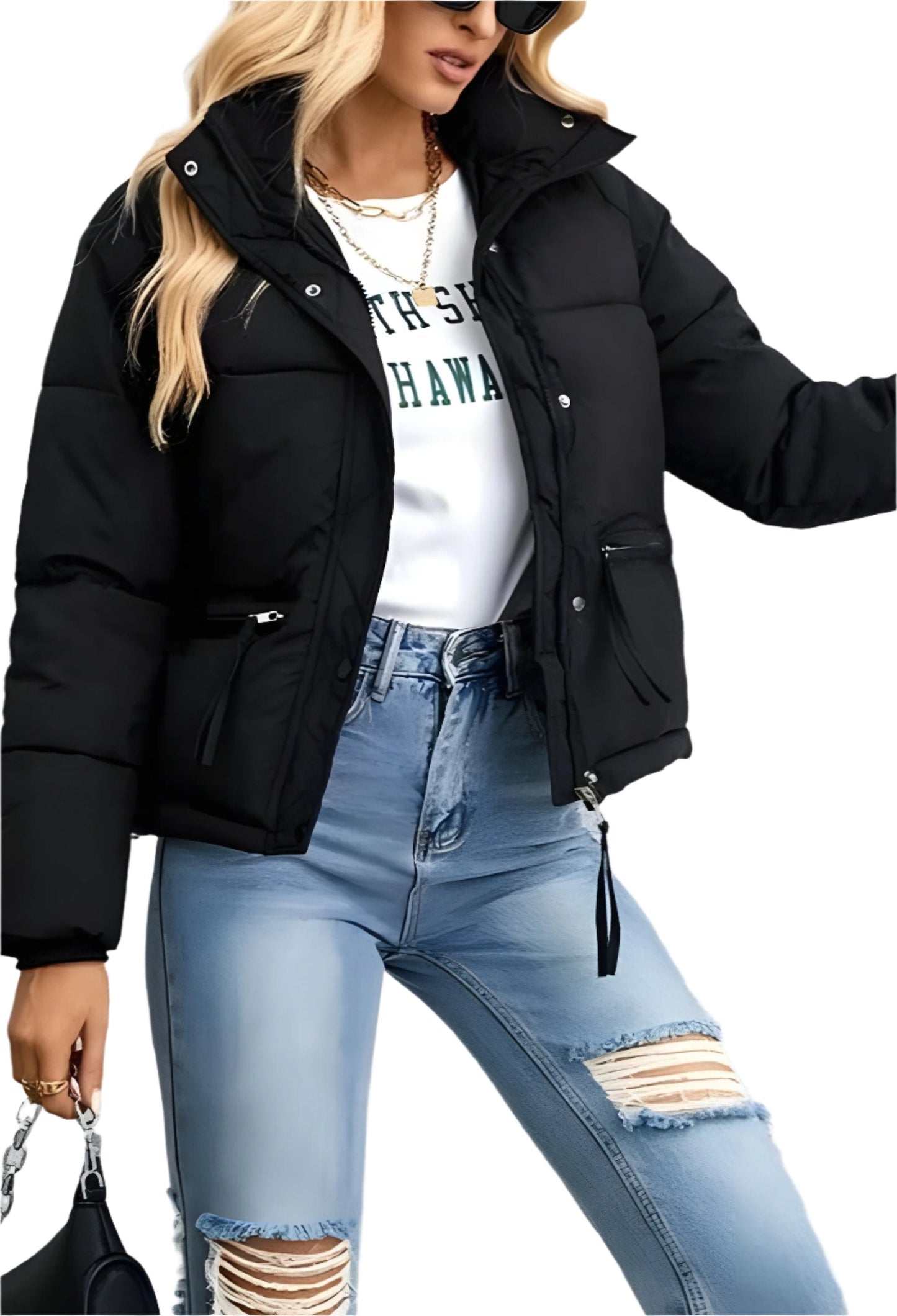Doudoune matelassée chaude pour femme avec fermeture éclair et col montant → Veste d'hiver chaude isolée et moderne pour femme