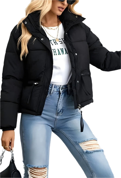 Doudoune matelassée chaude pour femme avec fermeture éclair et col montant → Veste d'hiver chaude isolée et moderne pour femme