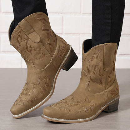 Bottes Western Femme Brodé Cuir Pointues Hauteur Cheville Talon Bloc