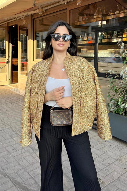 Veste pailletée col métallique pour femme