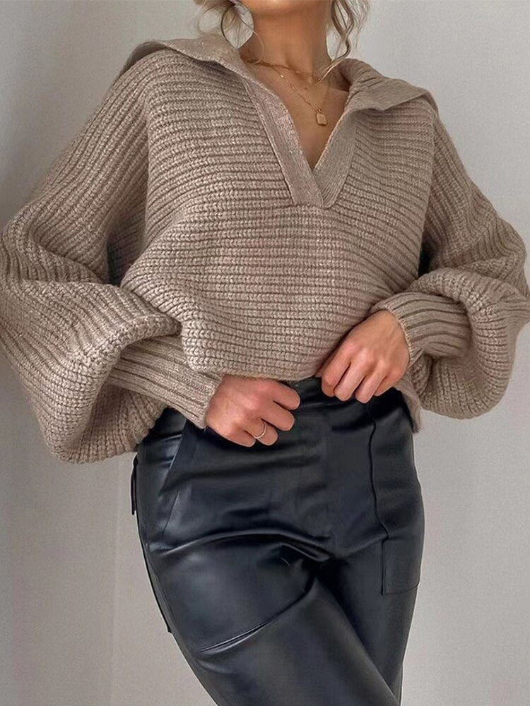 Pull en tricot à col en V moderne pour femme