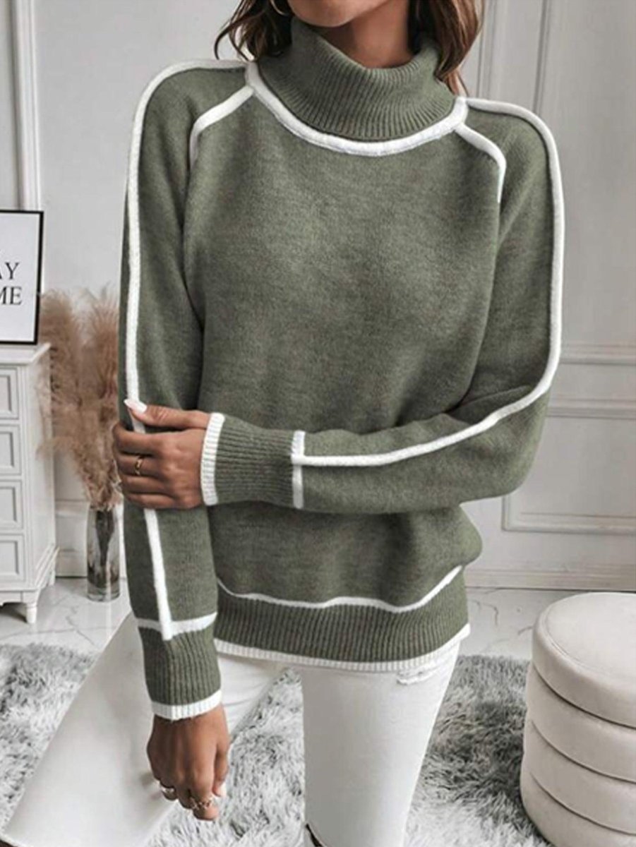 Pull fin femme col roulé contrasté