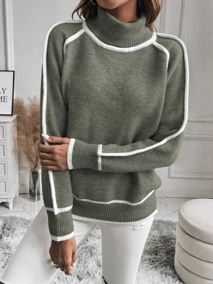 Pull fin femme col roulé contrasté