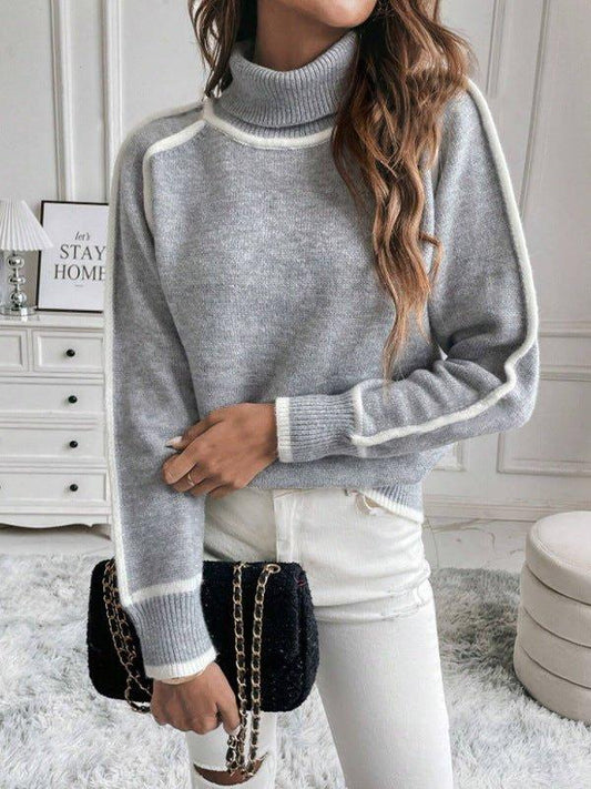 Feinstrick Pullover Damen Rollkragen Kontrast - IdealeKleiden