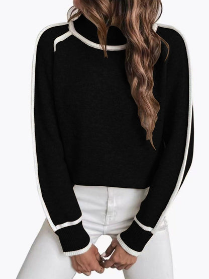 Pull fin femme col roulé contrasté