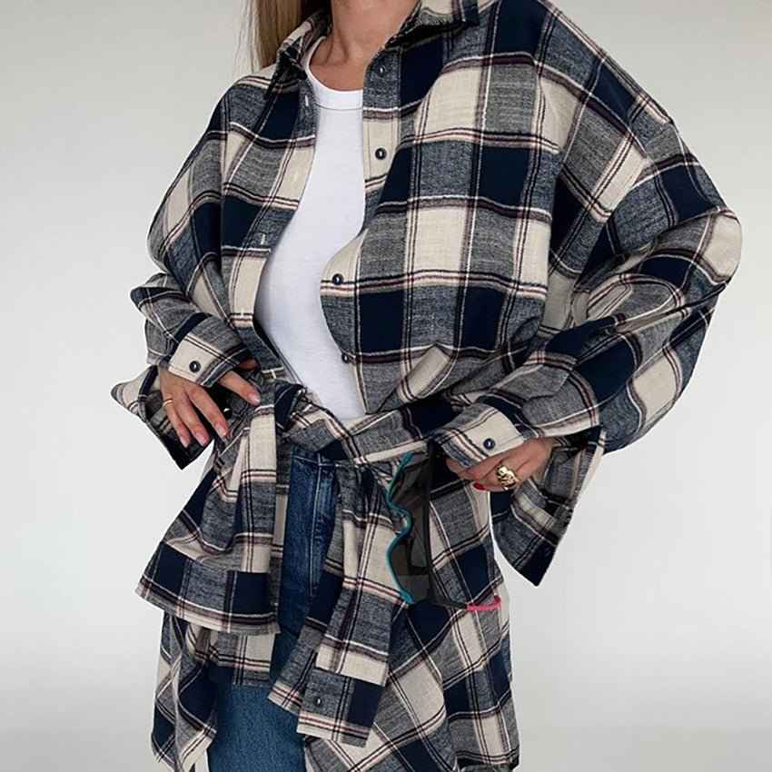 Baumwollhemd Oversized Kariert Frauen - IdealeKleiden