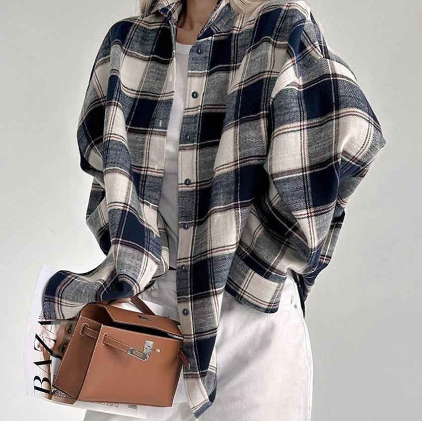 Chemise en coton oversize à carreaux pour femmes