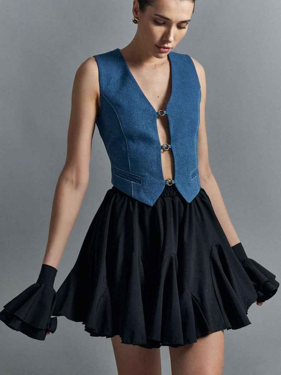 Mini-jupe courte taille haute avec ourlet à volants pour femme