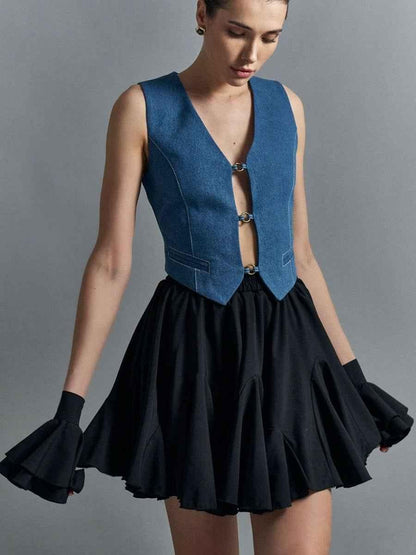 Mini-jupe courte taille haute avec ourlet à volants pour femme