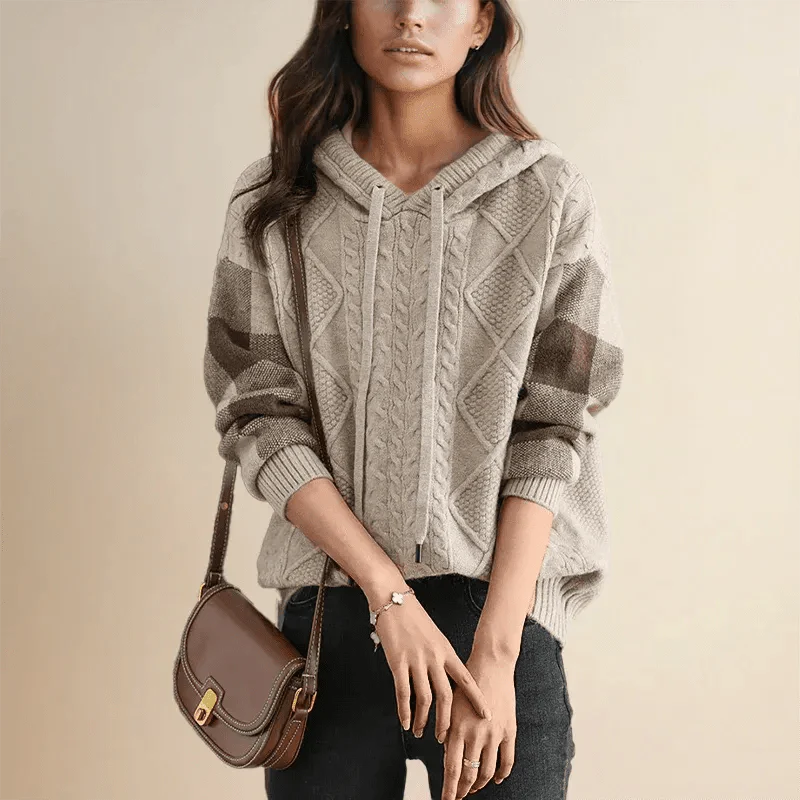 Grand sweat à capuche tricoté pour femme, motif tressé oversize