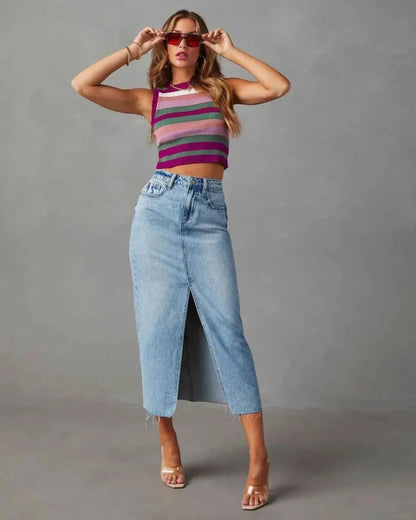 Moderner Damen Jeansrock Hochwerder mit Schlitz - IdealeKleiden